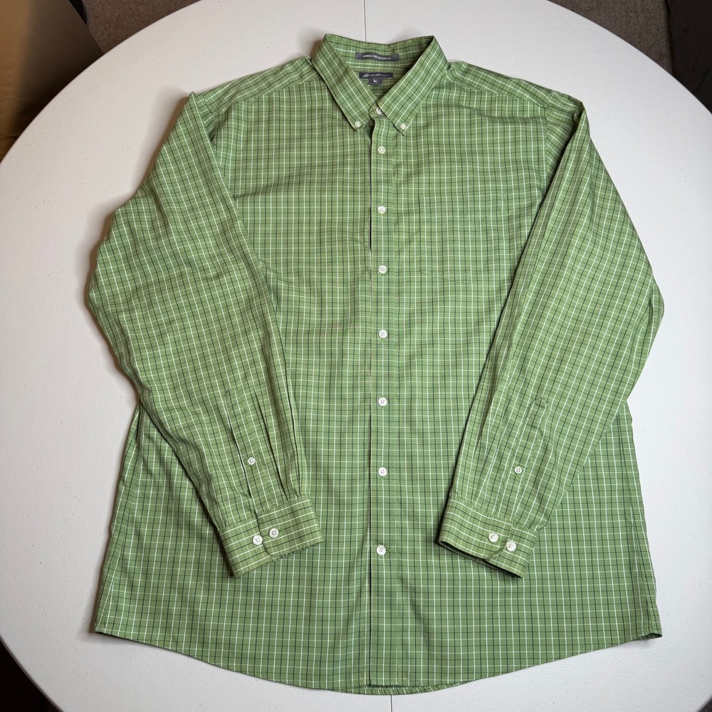 Eddie Bauer Mens TXL Green Plaid Wrinkle Free Relaxed Fit Button Down Shirt
